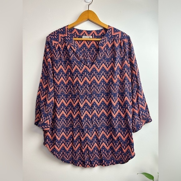 Ellie Kai 100% Silk Sz 10 Zigzag Pattern Boho Long Sleeve Top blouse Orange/Blue - Picture 1 of 9